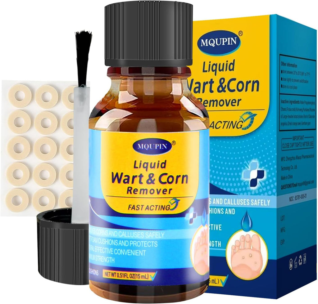 MQFORU Corn Remover liquid bottle and treatment pads front view for foot care.
