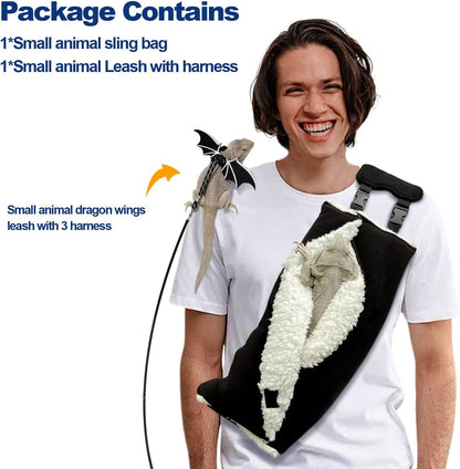 Adjustable Fluffy Bearded Dragon Sling Carrier Bag, Reptile Carrier with Leash Harness Lizard Cage Accessories for Small Animal, Ferrets, Squirrel, Hamsters,Parrot (Black) - Image 6