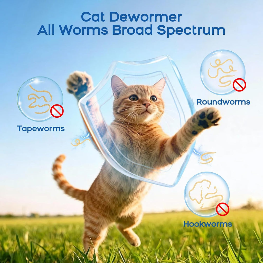 USA imported broad spectrum feline dewormer packaging showing active ingredients praziquantel and pyrantel pamoate