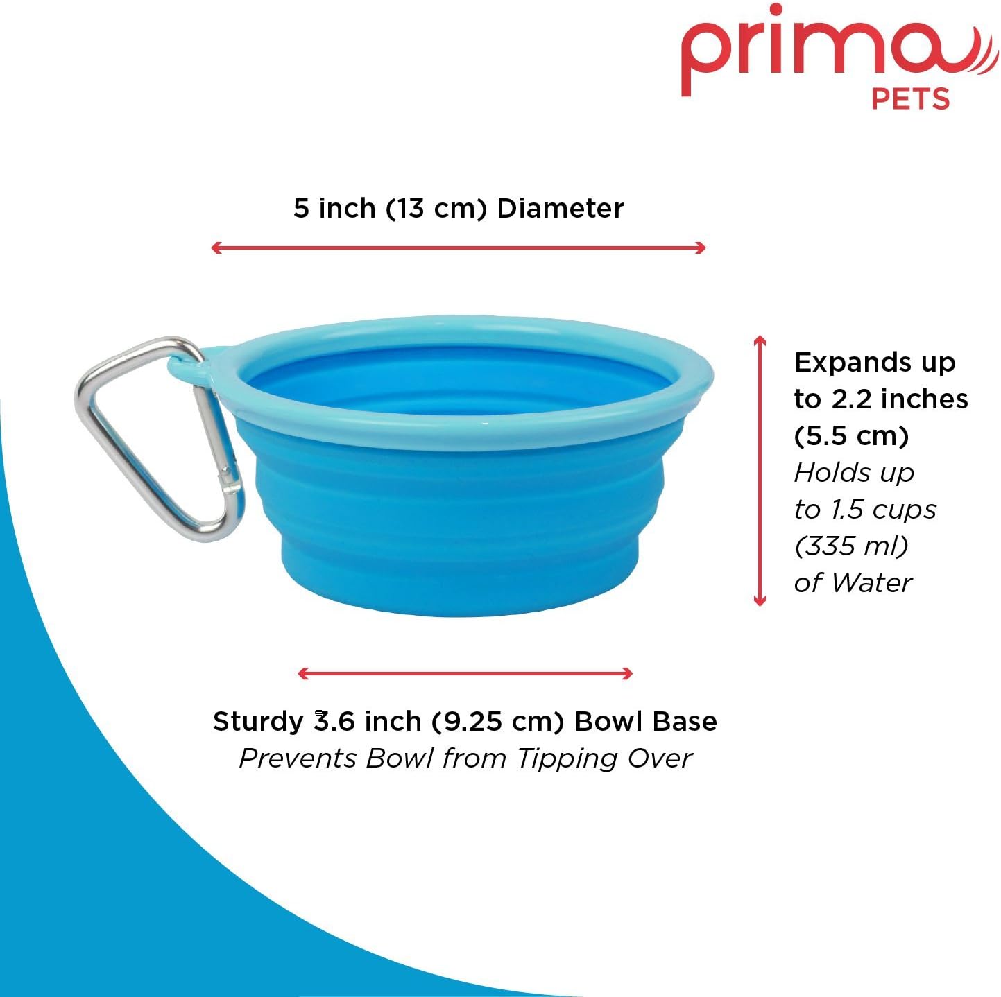 Prima Pets expandable silicone pet bowl showing 1.5 cups capacity