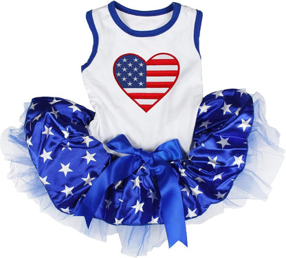 Petitebella holiday puppy outfit showcasing the blue stars tutu skirt details.