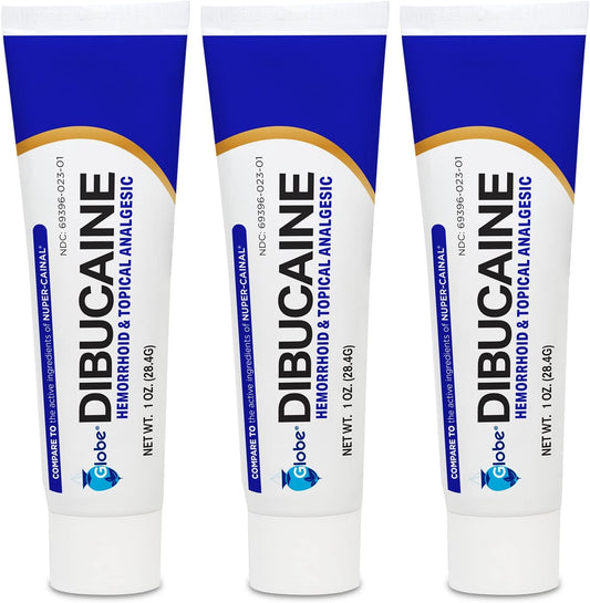 Globe Dibucaine 1 percent hemorrhoid treatment ointment three pack front view packaging
