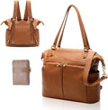 Mominside brown vegan leather diaper bag backpack front view with sleek finish