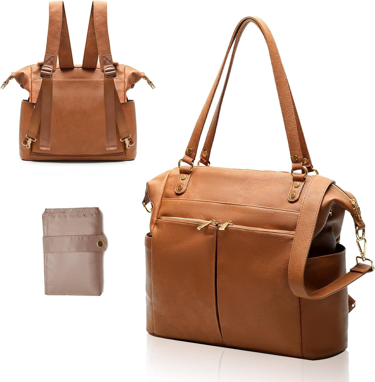 Mominside brown vegan leather diaper bag backpack front view with sleek finish
