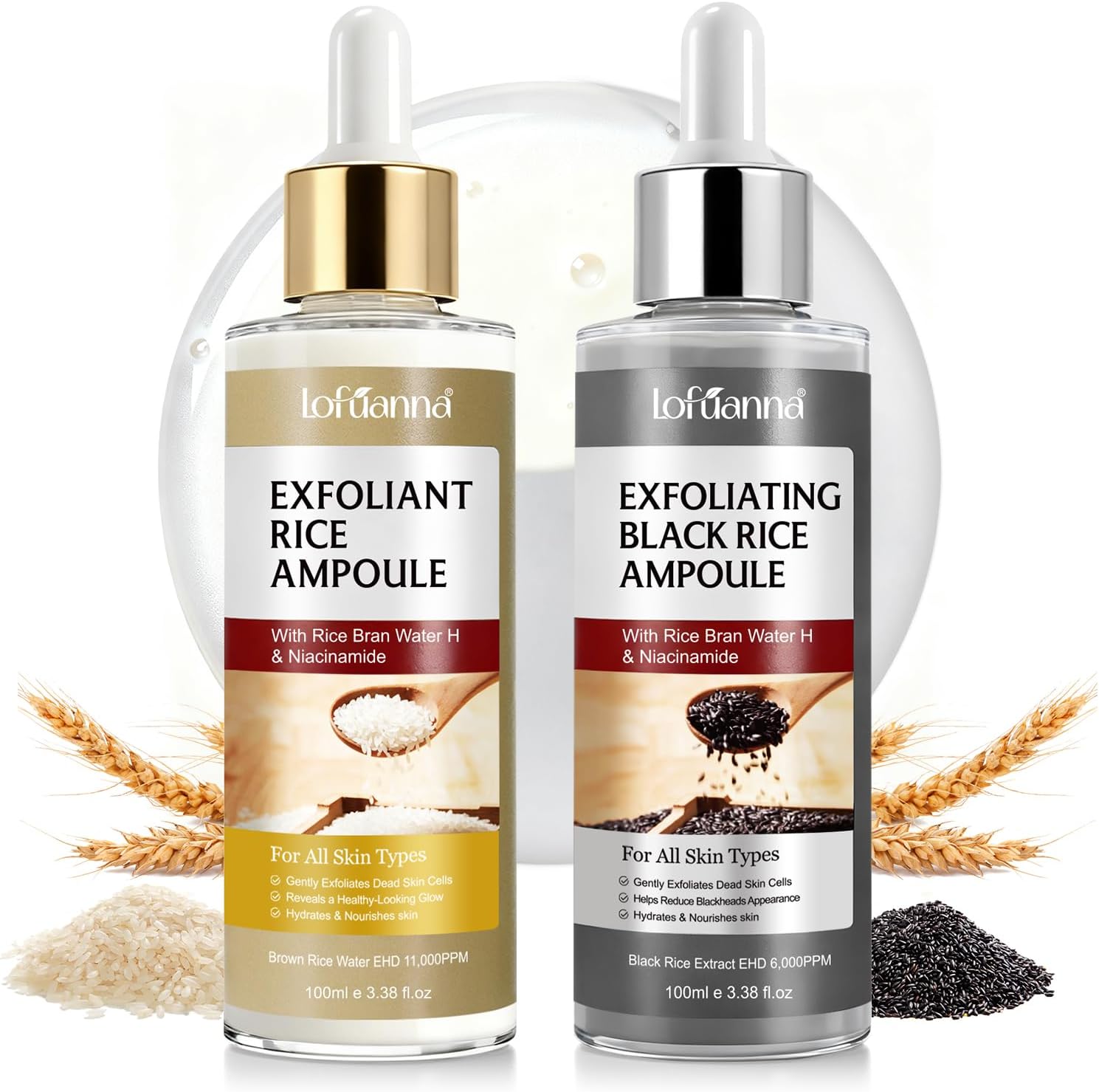 OEDPMFYL rice exfoliant ampoule set front view on display for skin smoothing