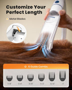 Adjustable temperature blower nozzle on the Oneisall pet dryer drying a long-haired dog coat