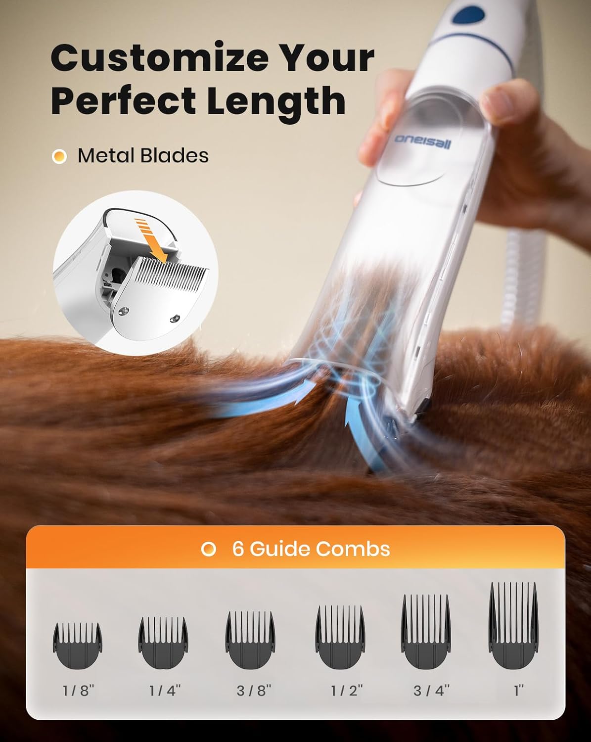 Adjustable temperature blower nozzle on the Oneisall pet dryer drying a long-haired dog coat