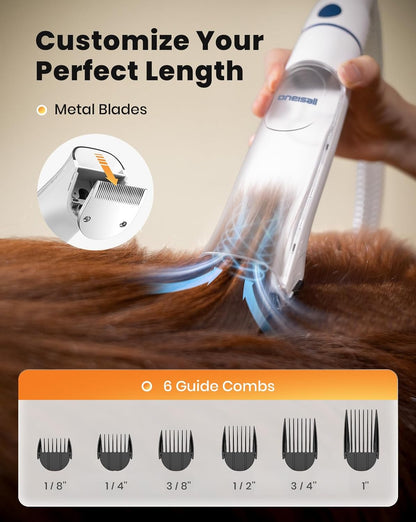 Adjustable temperature blower nozzle on the Oneisall pet dryer drying a long-haired dog coat