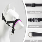 Adjustable anti pulling dog head harness with secure plastic buckle and metal leash ring.
