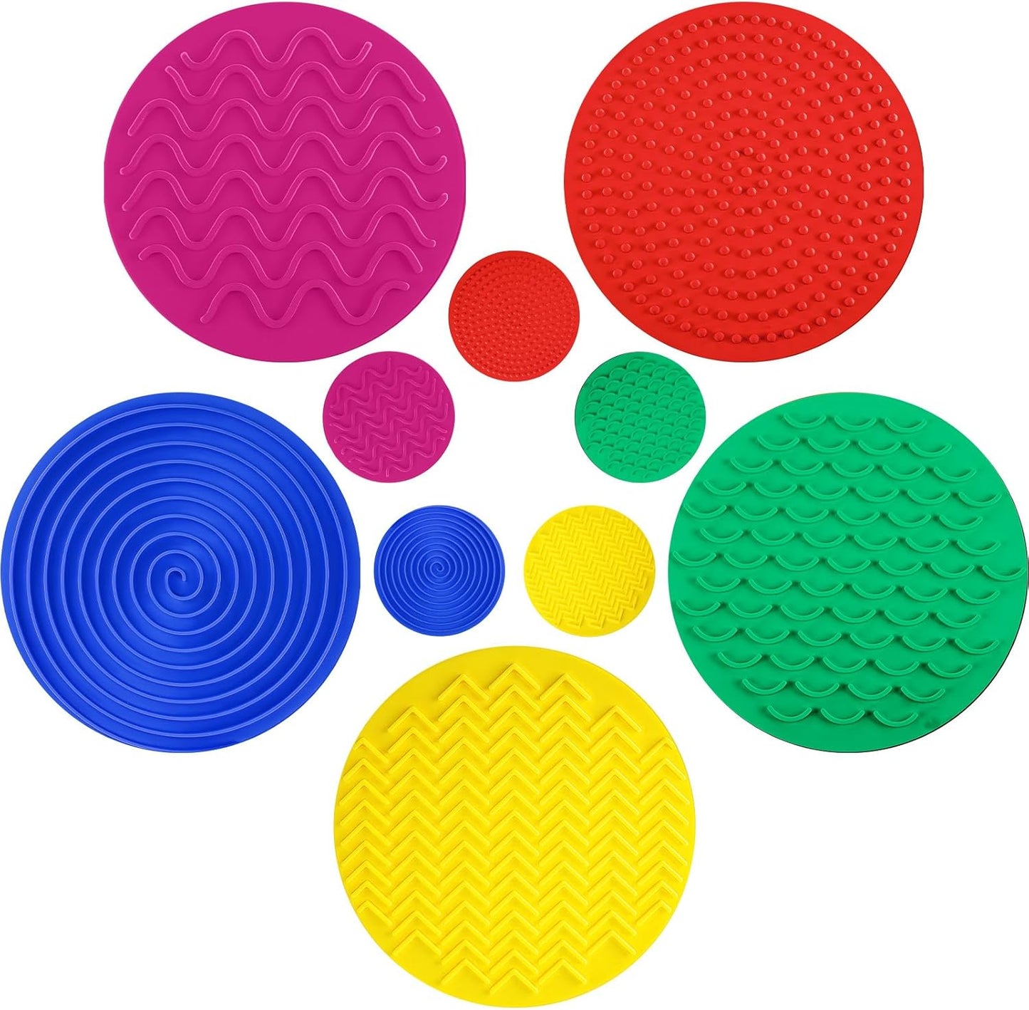 Lenwen 10 piece sensory mat discs front view showing vibrant classic colors and unique surface textures.