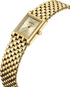 BOFAN square dial gold wristwatch on a woman's wrist