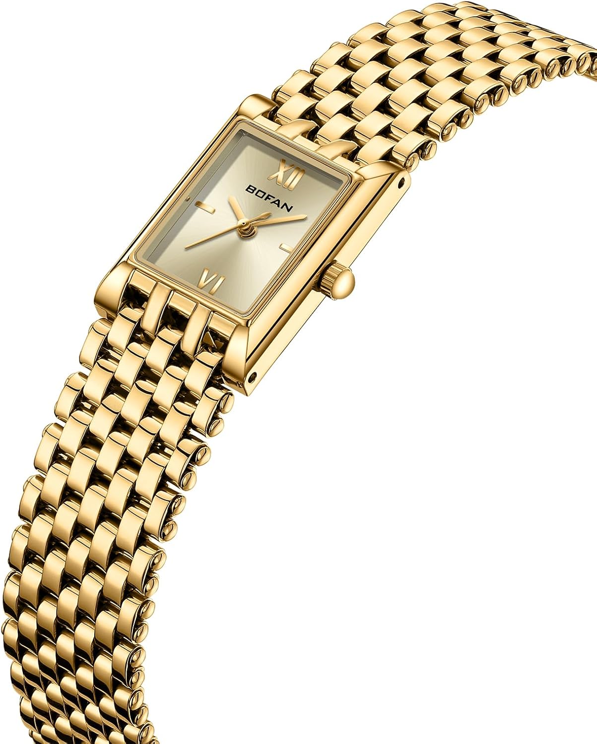 BOFAN square dial gold wristwatch on a woman's wrist