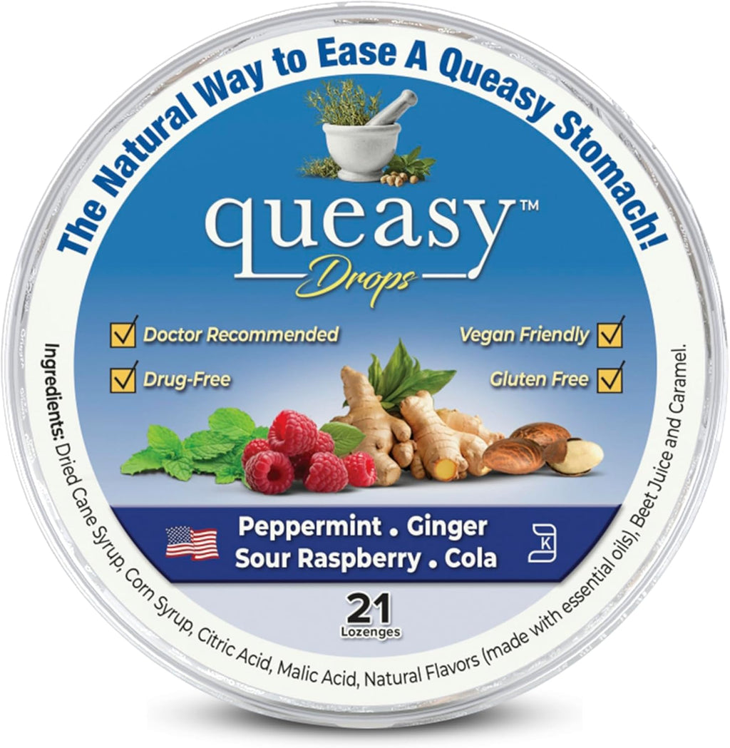 Three Lollies Queasy Drops container front view showcasing the assorted nausea relief lozenges packaging.