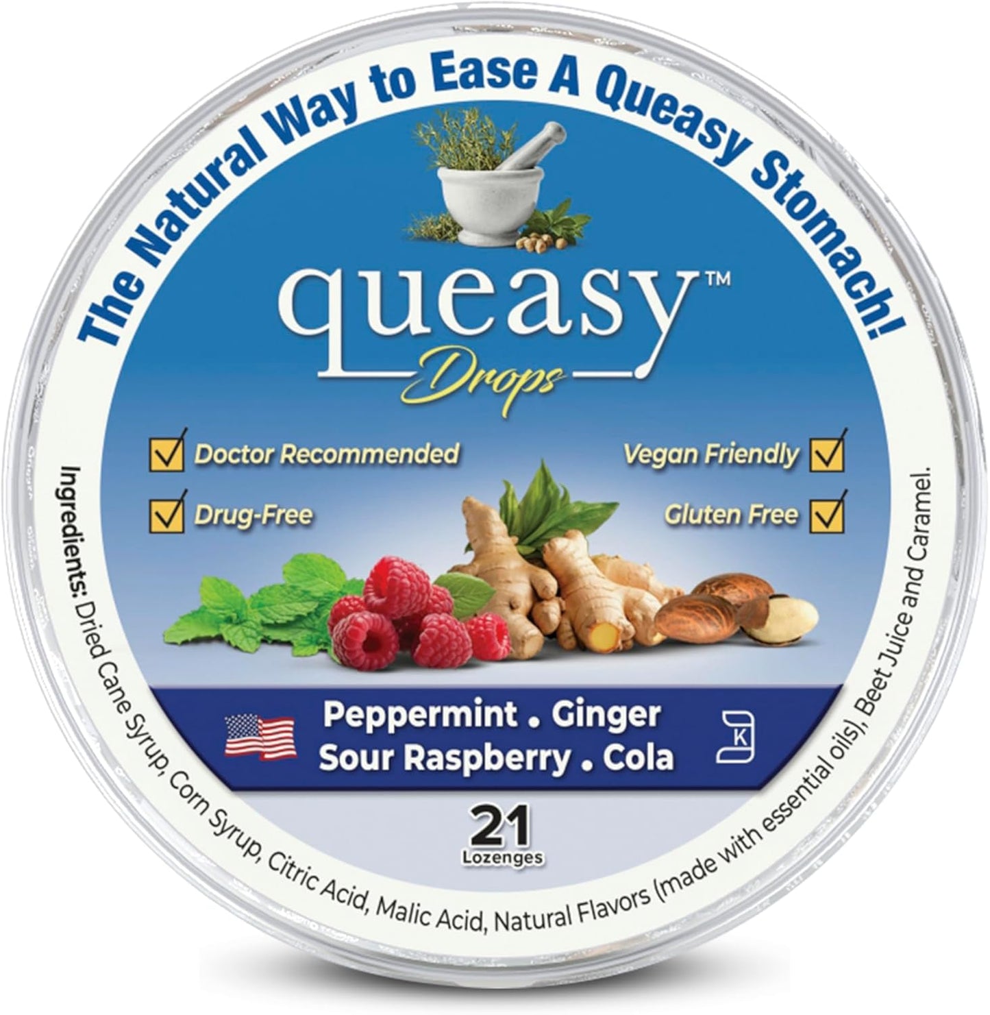Three Lollies Queasy Drops container front view showcasing the assorted nausea relief lozenges packaging.