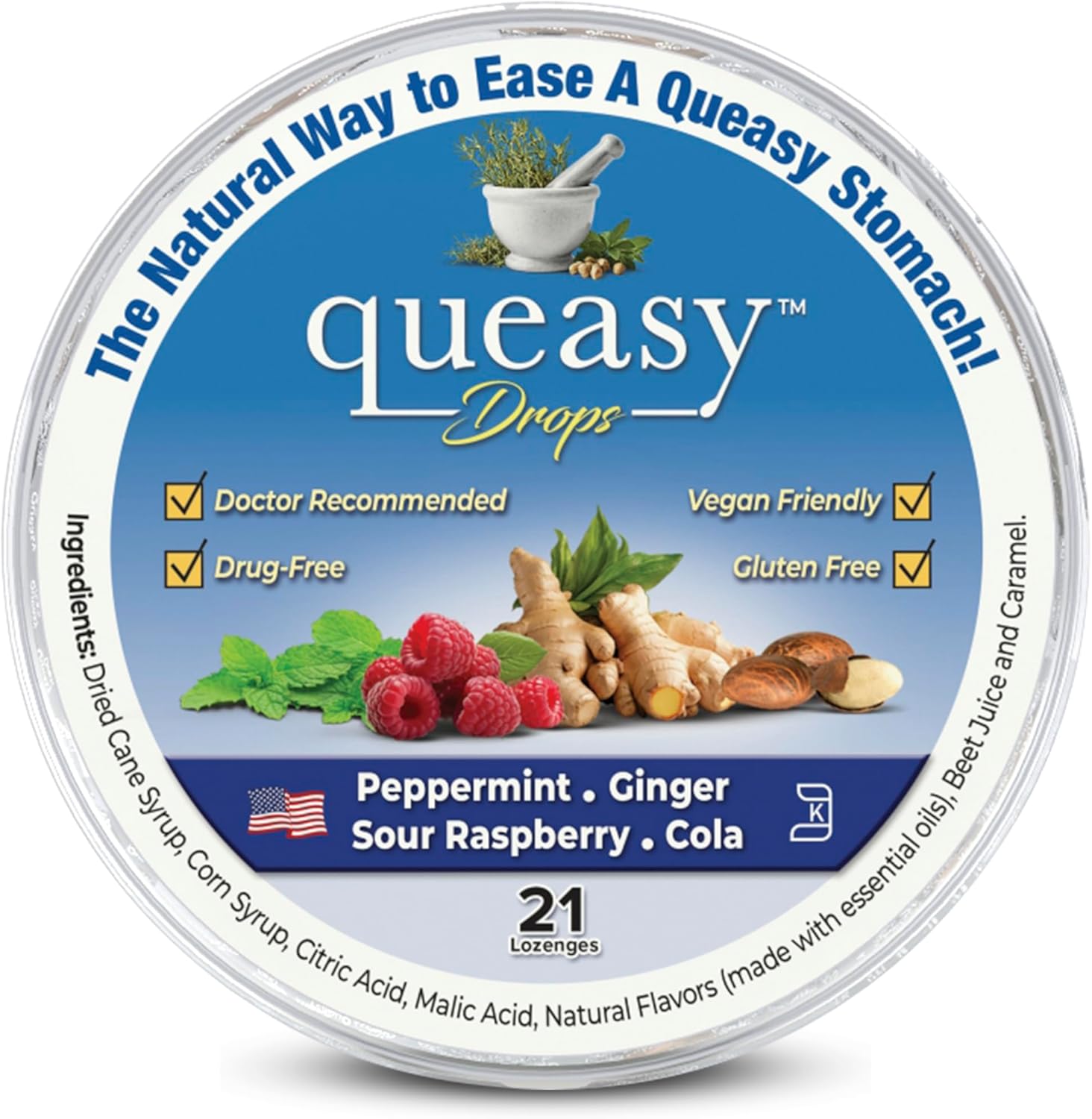 Three Lollies Queasy Drops container front view showcasing the assorted nausea relief lozenges packaging.