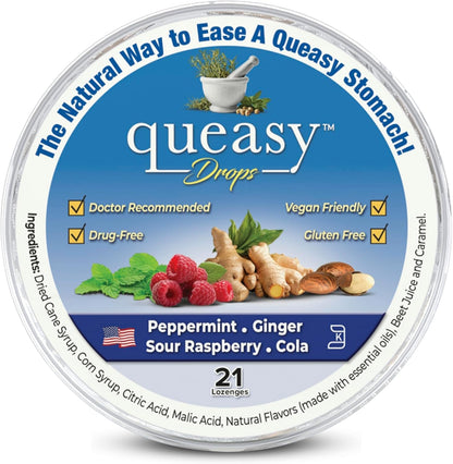 Three Lollies Queasy Drops container front view showcasing the assorted nausea relief lozenges packaging.