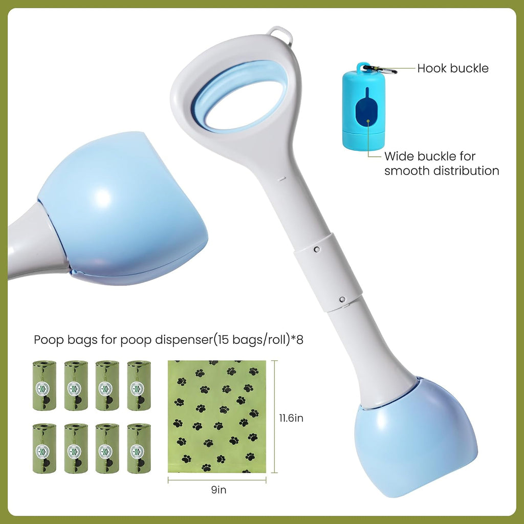 Foldable pet waste picker with nineteen inch handle showing collapsible mechanism