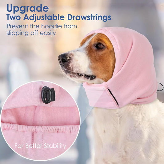 AOFITEE dog ear muffs cover in light pink for grooming and bathing comfort.