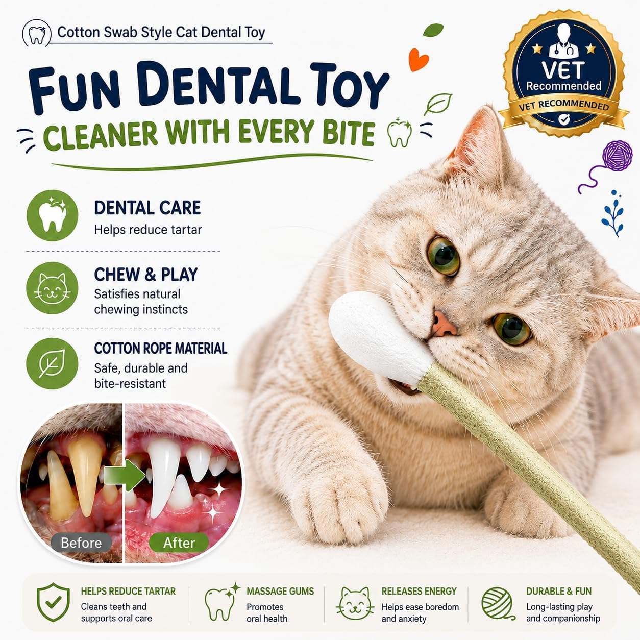 Soft felt giant Q-tip toy for indoor cat dental health