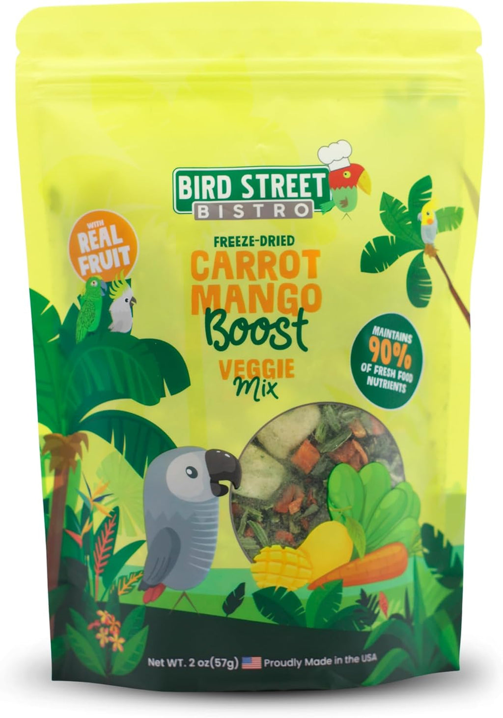 Small parrot eating freeze dried vegetable mix from a feeder