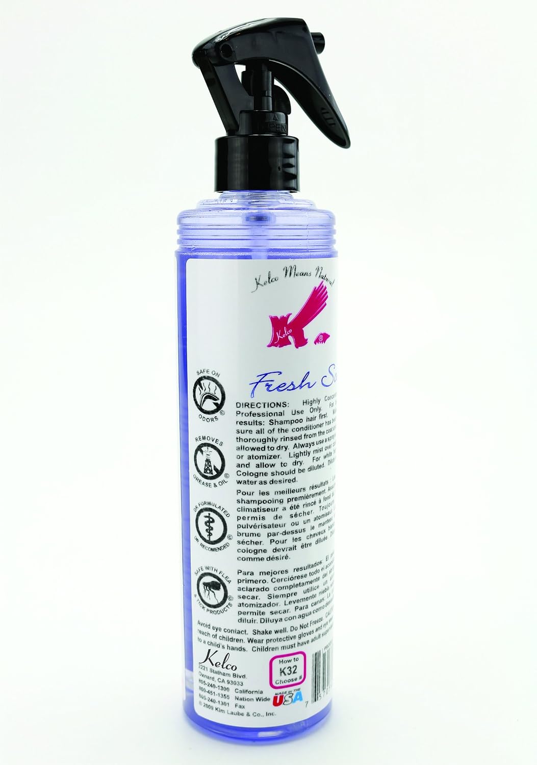 Kelco high concentration pet perfume bottle back label with dilution instructions