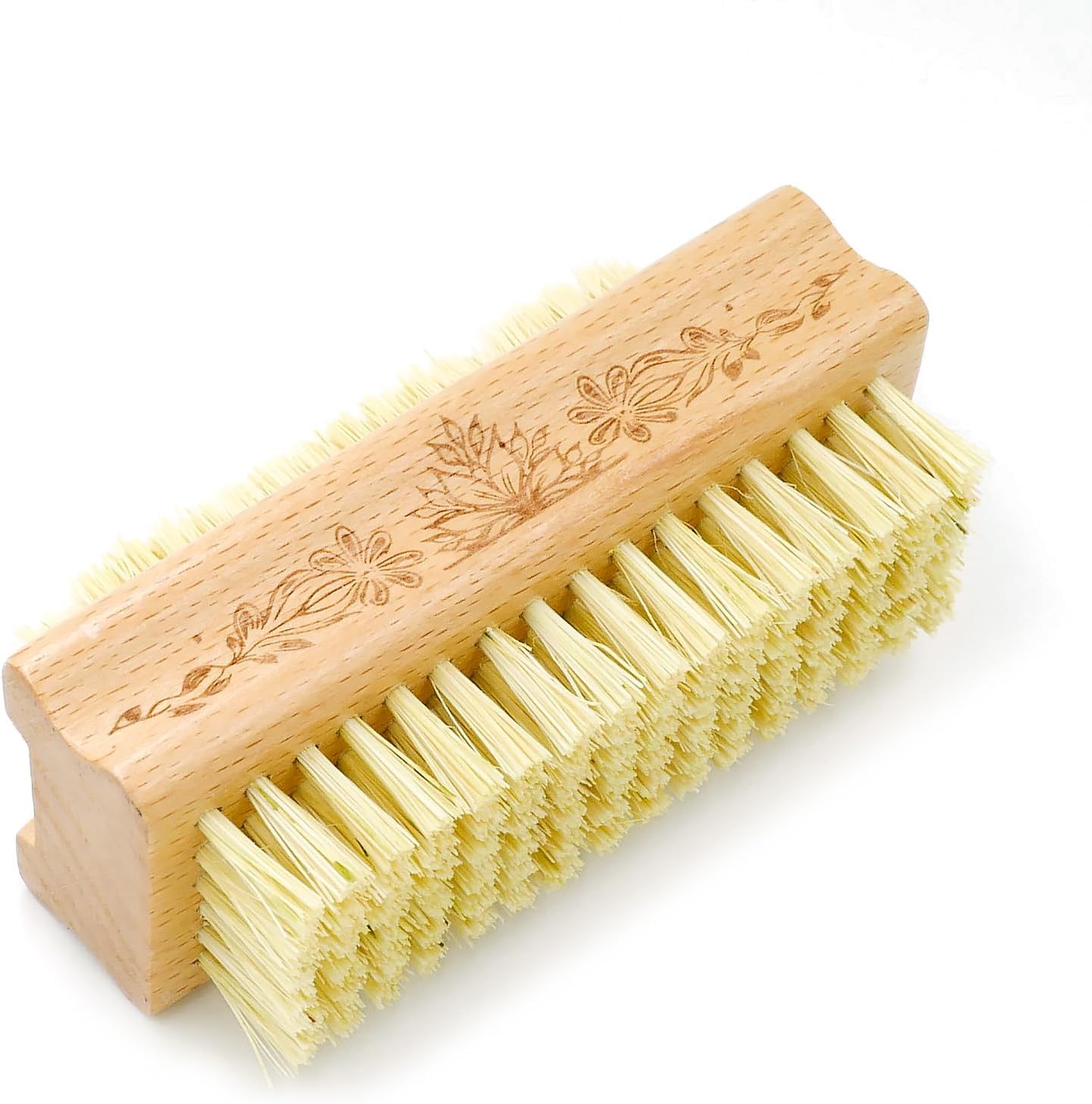 Menesia wooden fingernail brush front view showcasing the durable beech wood handle and stiff cleaning bristles
