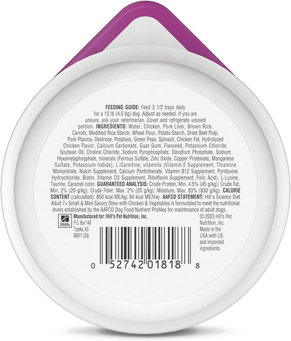 Hill's Science Diet senior small breed savory stew tray containing chicken and vegetables.