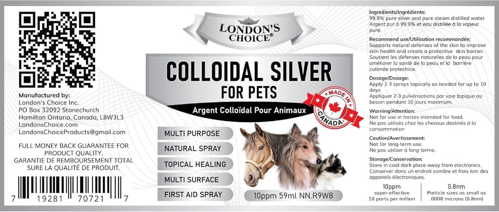 London's Choice natural first aid spray ingredient label detailing pure silver and distilled water