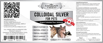 London's Choice natural first aid spray ingredient label detailing pure silver and distilled water
