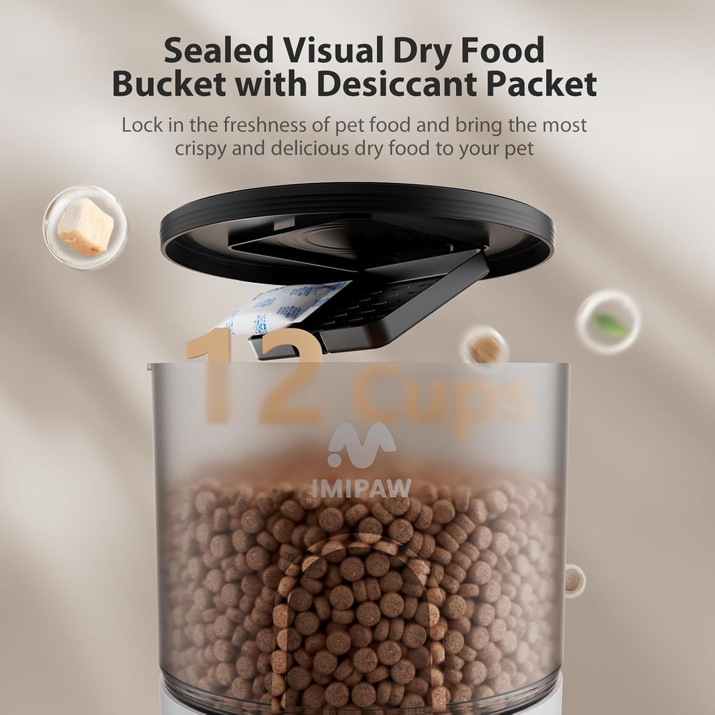 IMIPAW Automatic Cat Feeders, Timed Cat Dry Food Dispenser with Desiccant Bag, Dual Power Supply, Programmable Portion Size, 6 Meals, 20 Portions Per Day, Auto Pet Feeder for Cats and Small Dog, White - Image 8