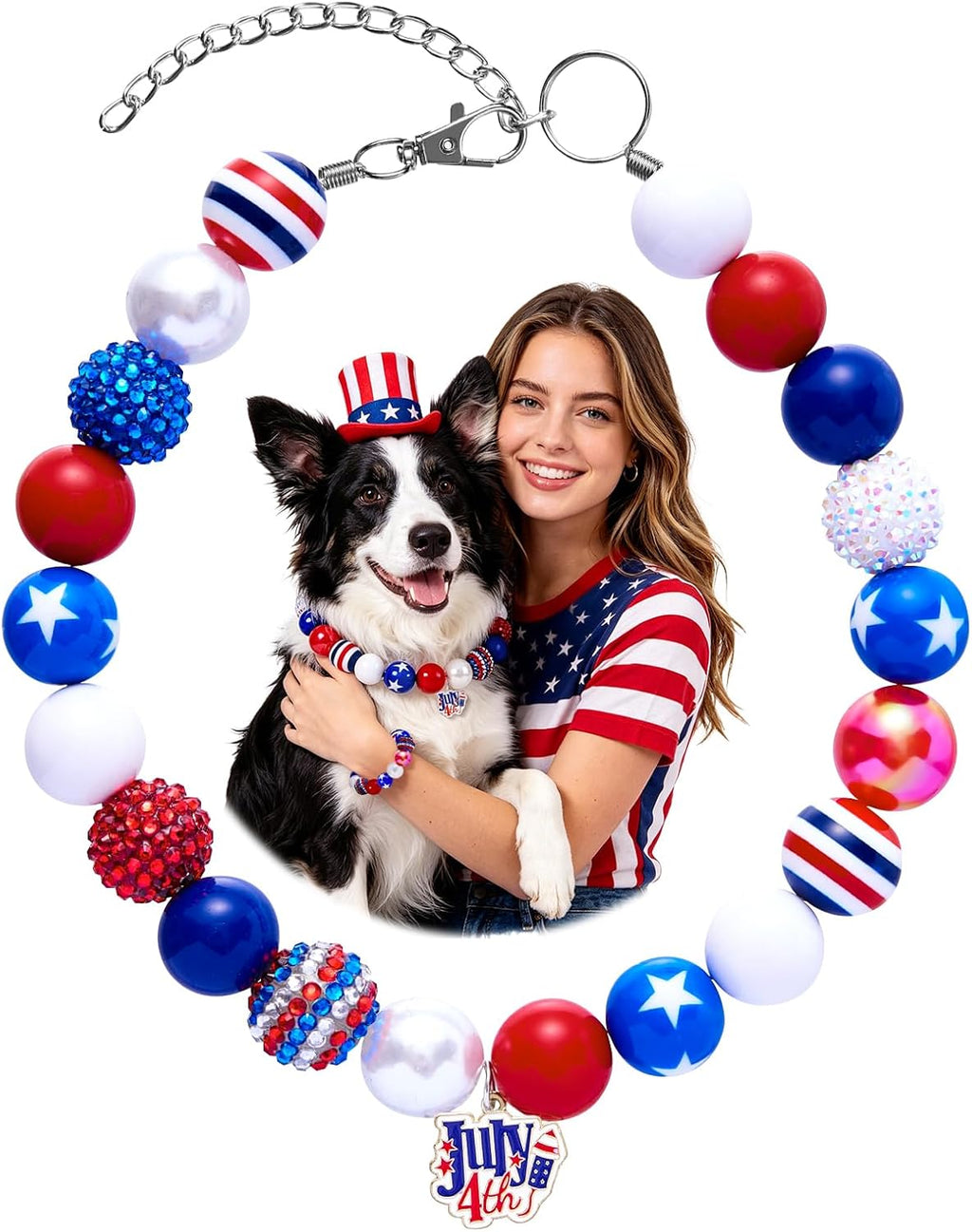 4th of July Dog Beaded Necklace with Interchangeable Charms, Patriotic Red White Blue Pet Necklace, Adjustable Dog Jewelry for Small Medium Large Dogs (Red, XL) - Image 12