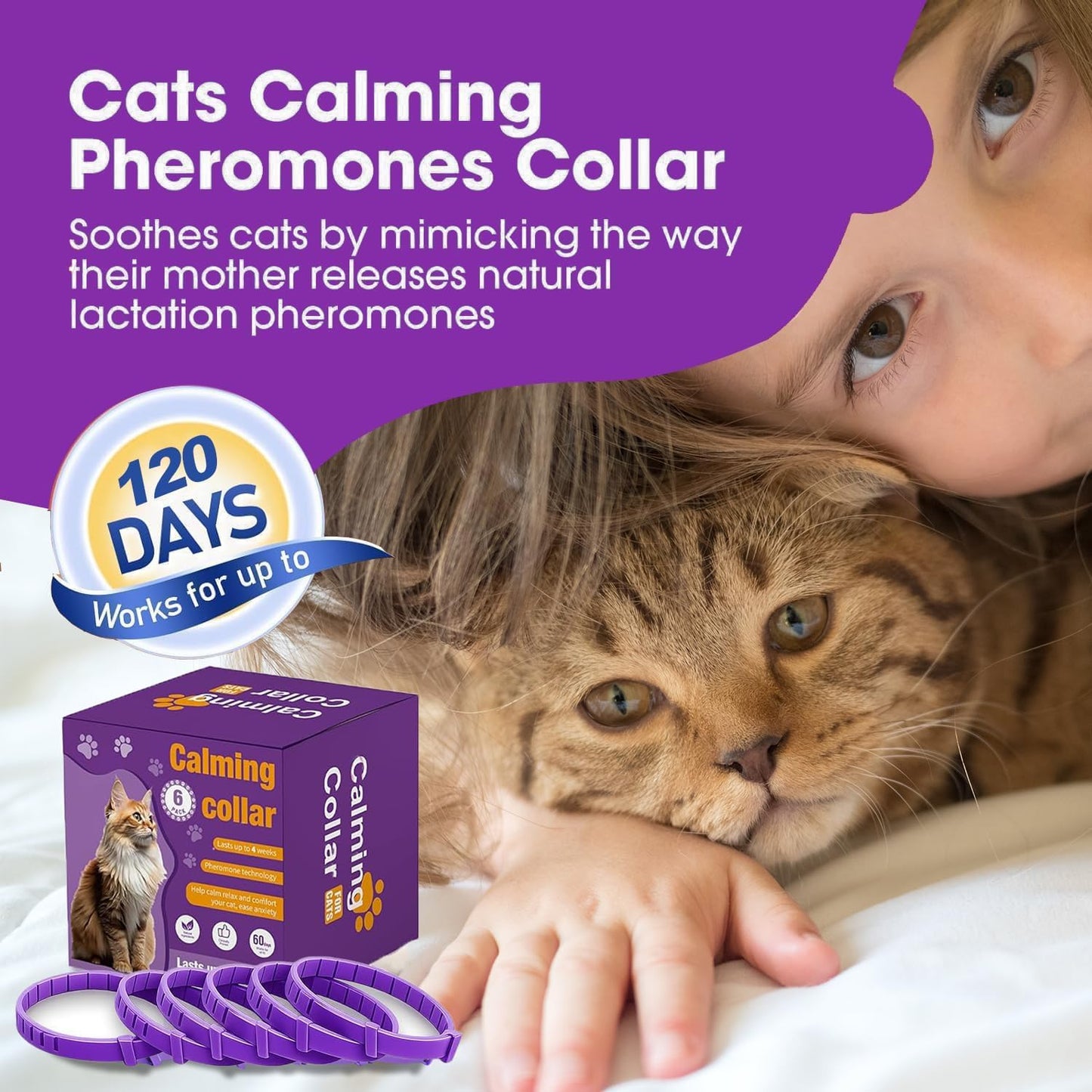 The complete six-pack set of individually wrapped purple cat calming collars.