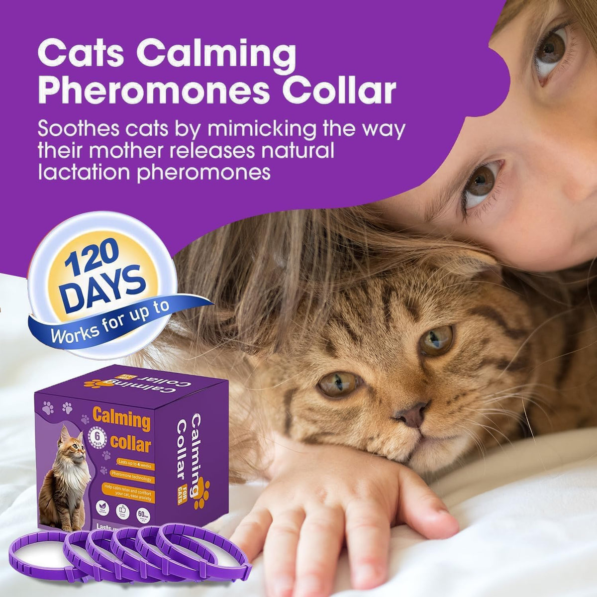 The complete six-pack set of individually wrapped purple cat calming collars.