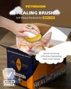 Pethroom grooming tool showing soft yellow silicone bristles