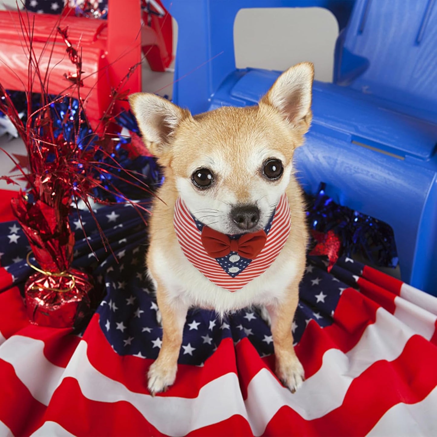 FUAMEY patriotic dog costume side angle view with adjustable bowtie