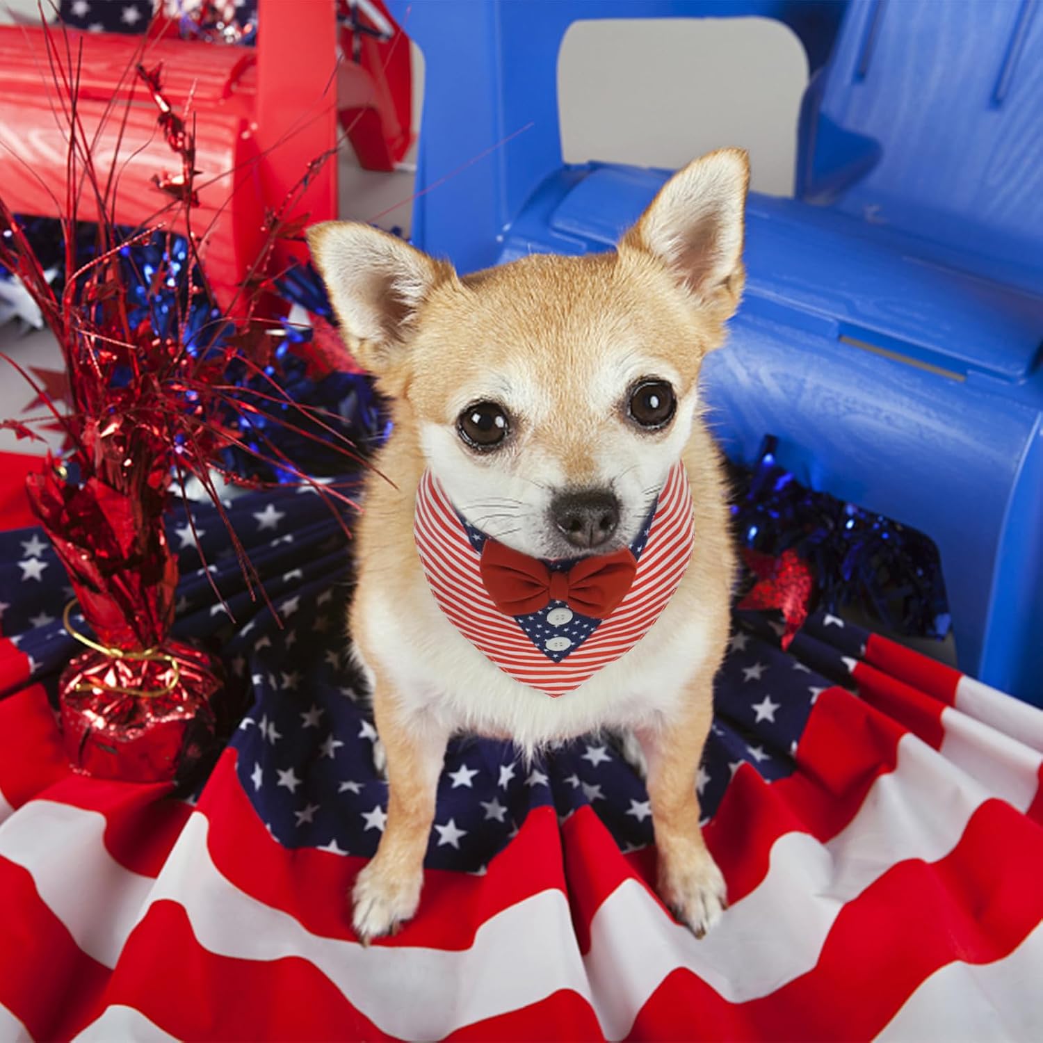 FUAMEY patriotic dog costume side angle view with adjustable bowtie