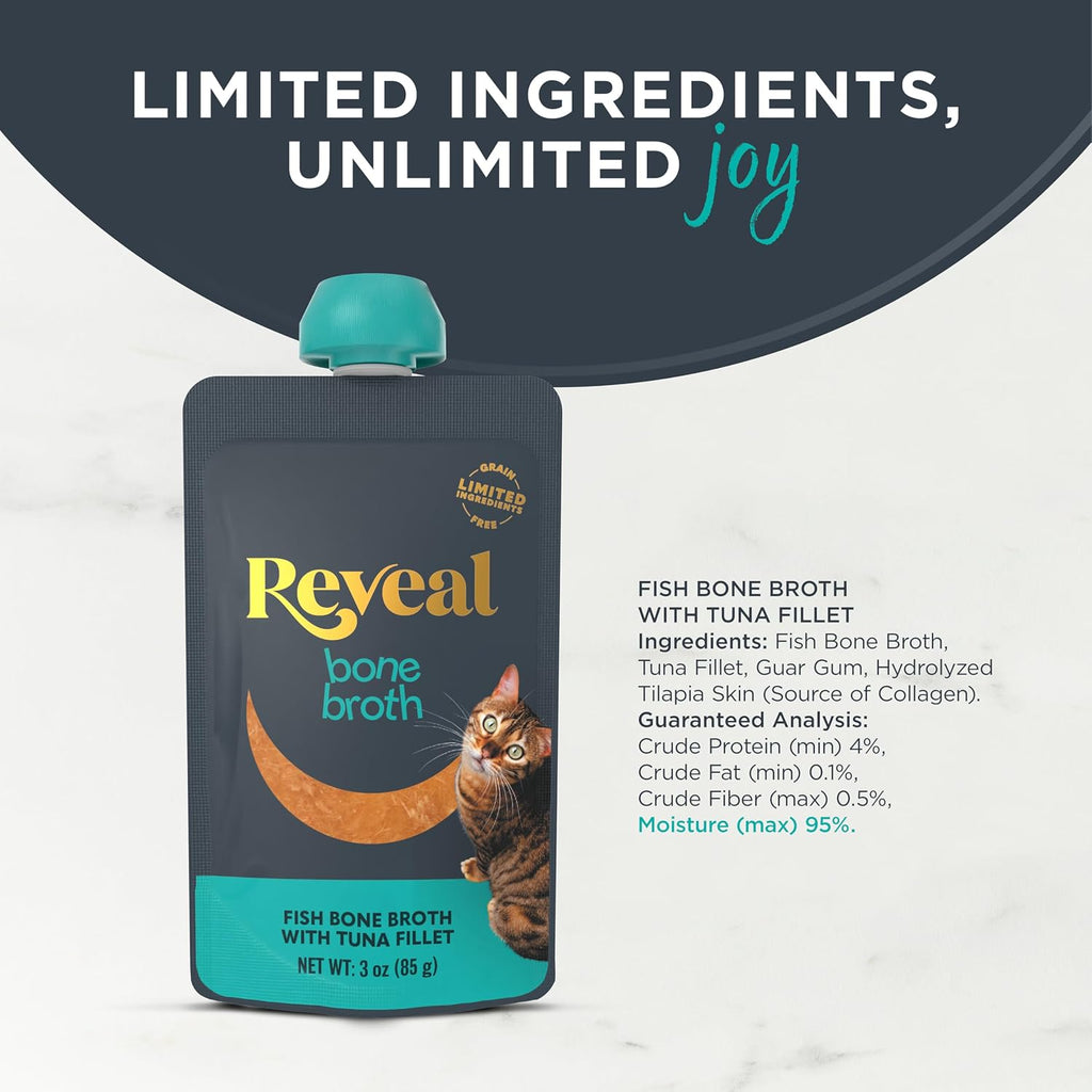 Reveal natural grain free fish bone broth wet cat food treat for hydration.
