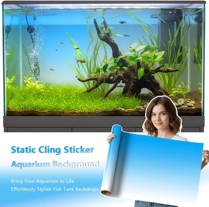 Static cling fish tank backdrop concealing filter hoses and equipment