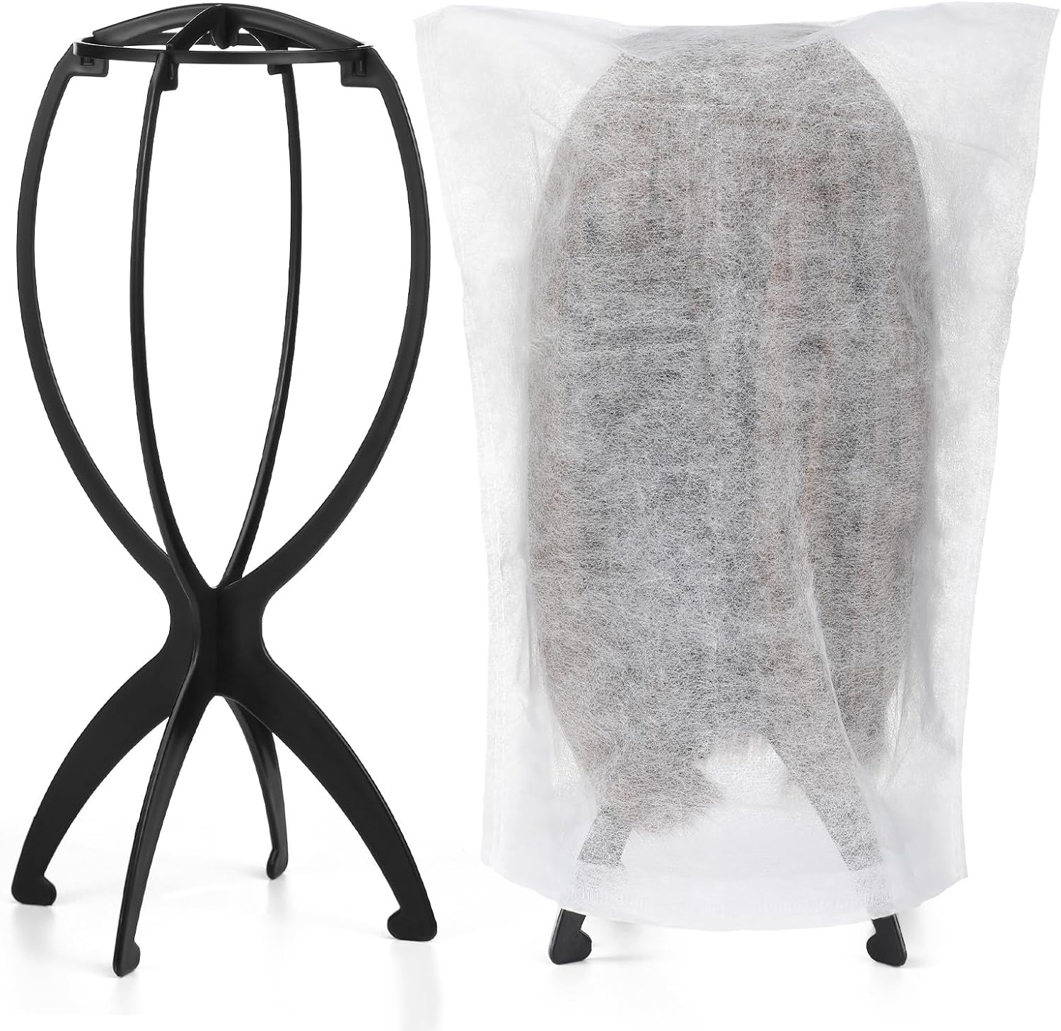ProSuites 2 Pack Wig Stand and dust bags front view for hair styling