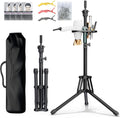 ORWOD wig head stand tripod front view showing the full aluminum alloy frame extended with tool tray attached