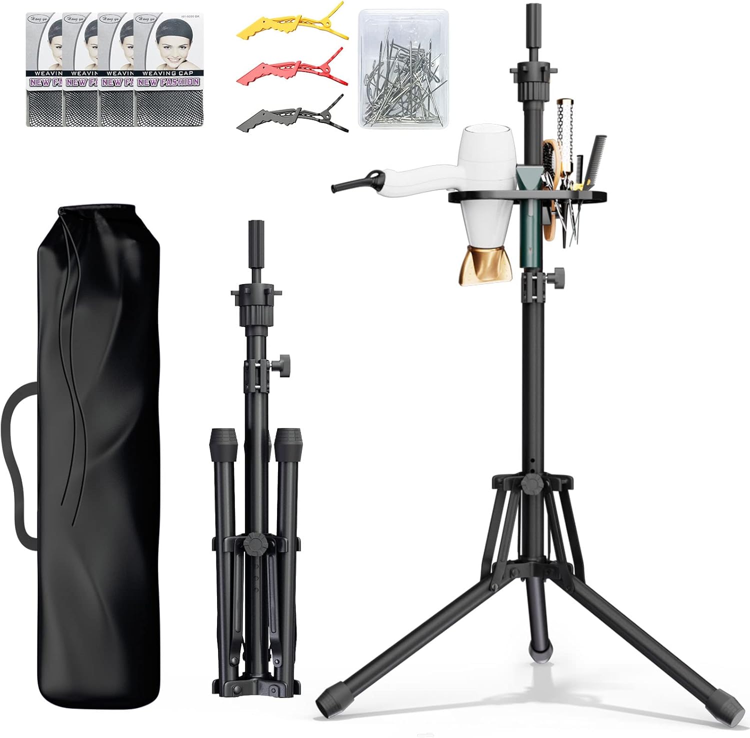 ORWOD wig head stand tripod front view showing the full aluminum alloy frame extended with tool tray attached