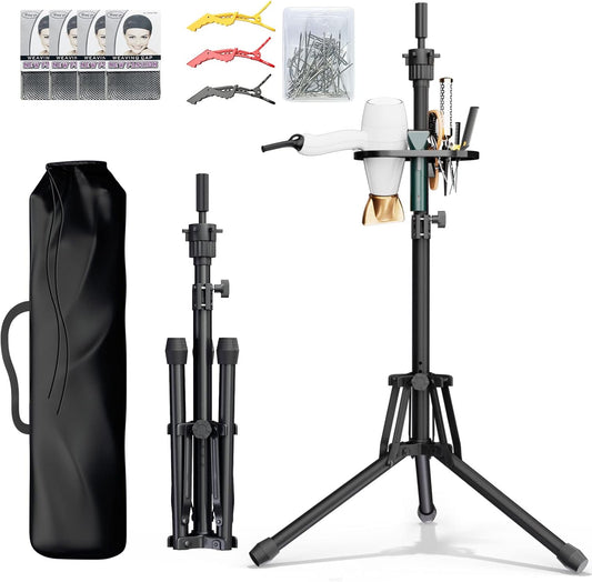 ORWOD wig head stand tripod front view showing the full aluminum alloy frame extended with tool tray attached