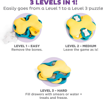 Outward Hound Dog Tornado slow feeder puzzle toy filled with dry kibble.