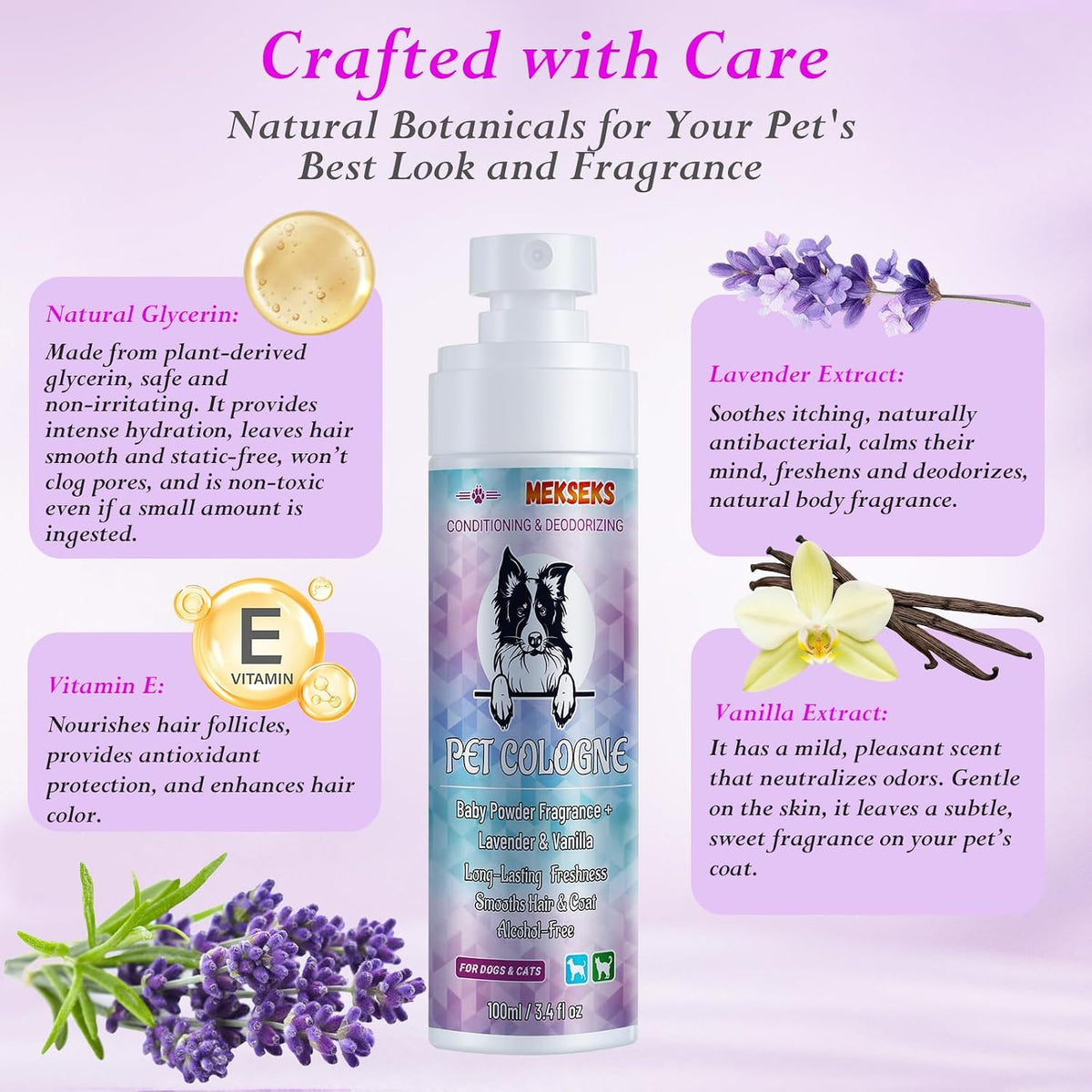 Smooth hair and anti static detangling dog spray bottle.