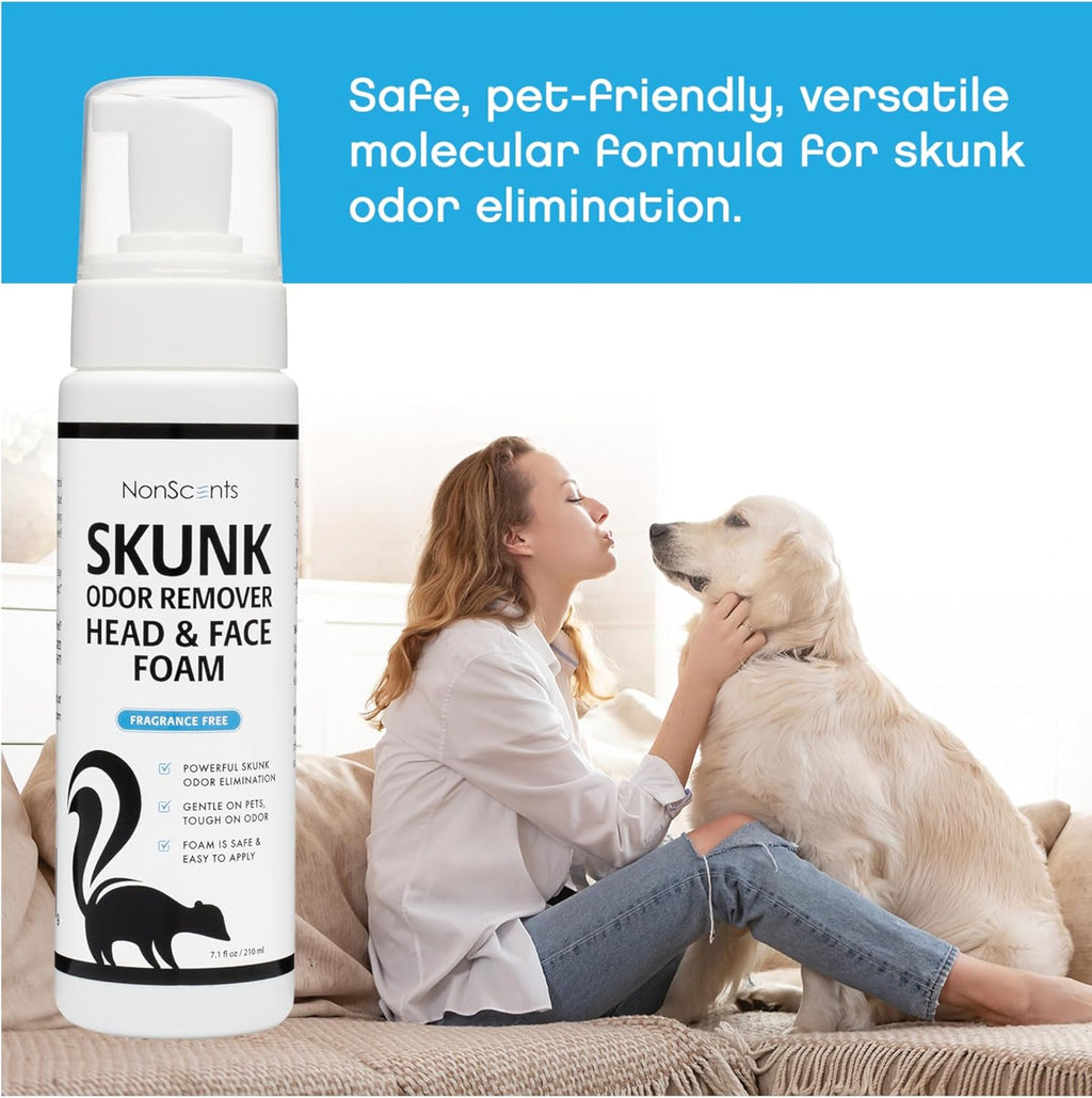NonScents pet de-skunking foam bottle showing ingredients and back label
