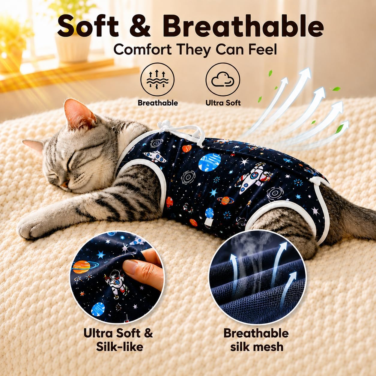 Cat wearing Avont surgical recovery onesie side profile