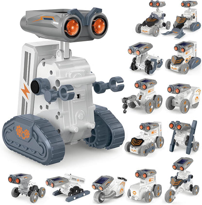 HavenJanny 14-in-1 Solar Robot Kit front view showing the retail packaging box and completed solar motorized models.