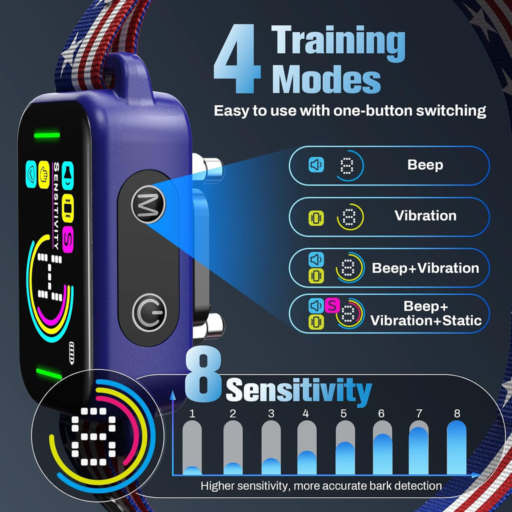 Bark Collar for Large Medium Small Dogs - Smart AI 1S Stop Barking, Anti Barking Device & Dog Training Collar with Beep, Vibration & 8-Level Sensitivity, IP67 Waterproof - Red White Blue - Image 2
