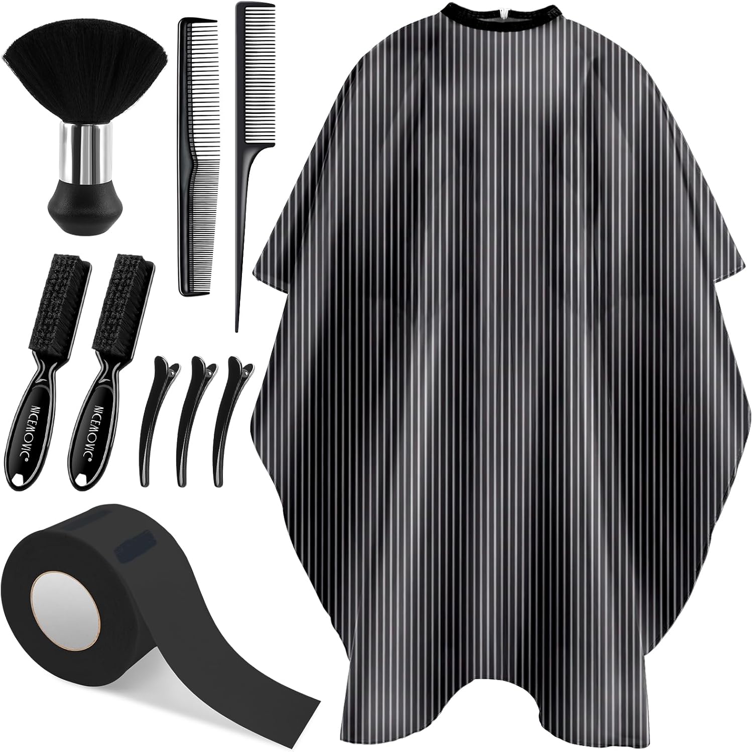 NICEMOVIC 10 in 1 hair cutting barber cape kit front view showing striped salon apron and accessories.
