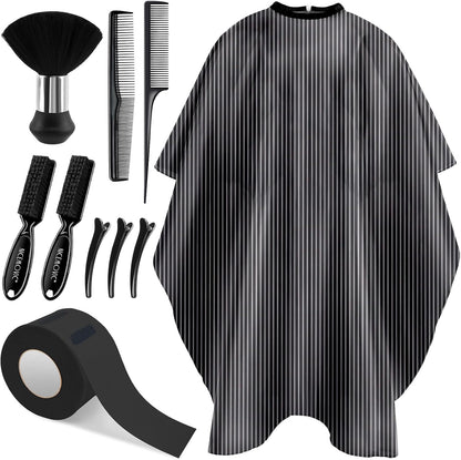 NICEMOVIC 10 in 1 hair cutting barber cape kit front view showing striped salon apron and accessories.